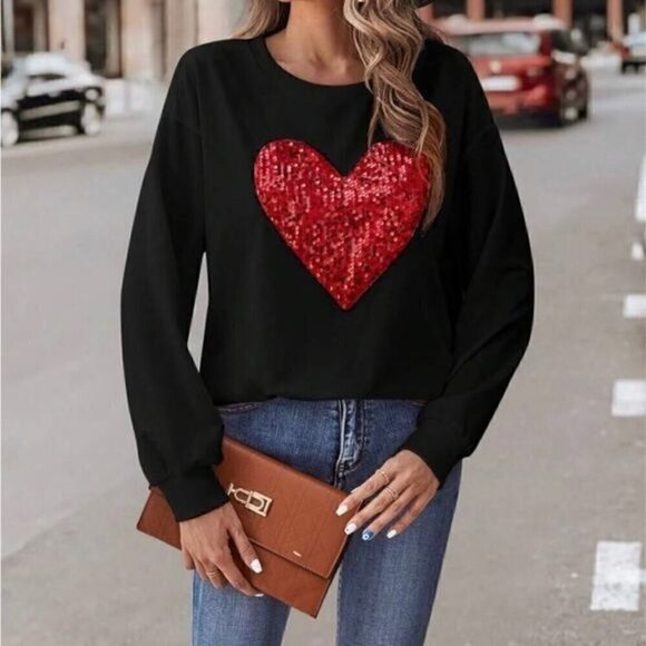 Sweaters - Black Casual Heart Shoulder Sweatshirt Top